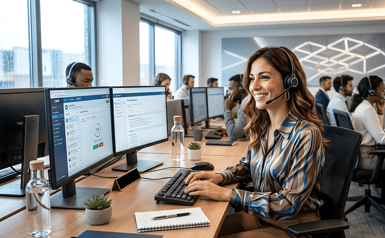 woman, office, work, desk, business, workplace, write, monitor, computer, screen, office work, headset, hotline, call center, communication, service, consulting, secretary, laugh, friendly, ai generated